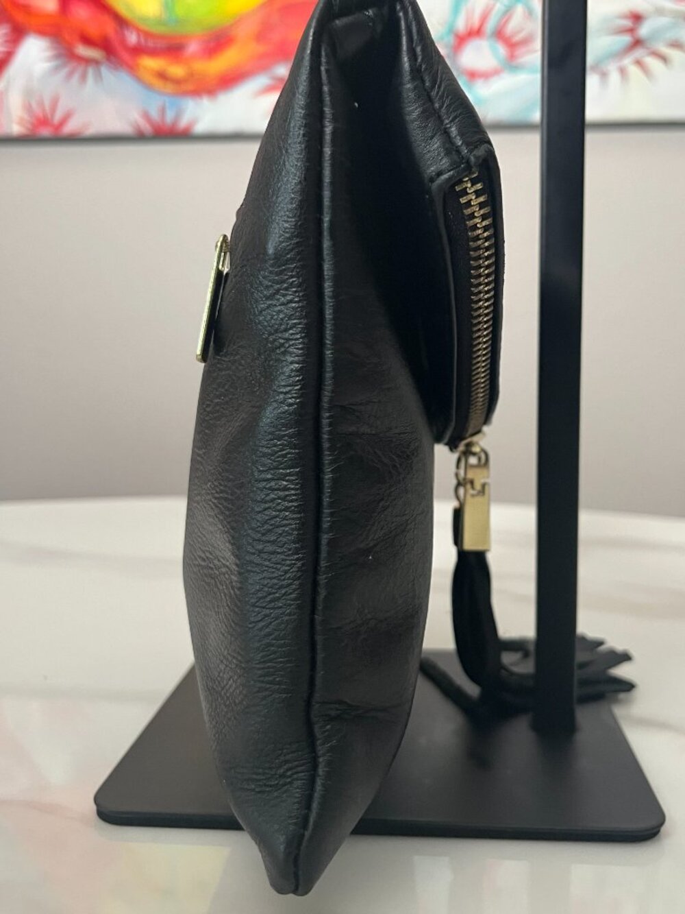 Italian Black Leather-Vera Pelle Crossbody Bag with Tassel - Picture 4 of 12